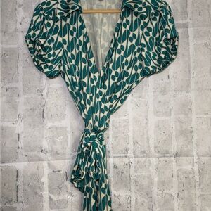 Diane Von Furstenberg Teal and Cream Wrap Blouse 100% Silk